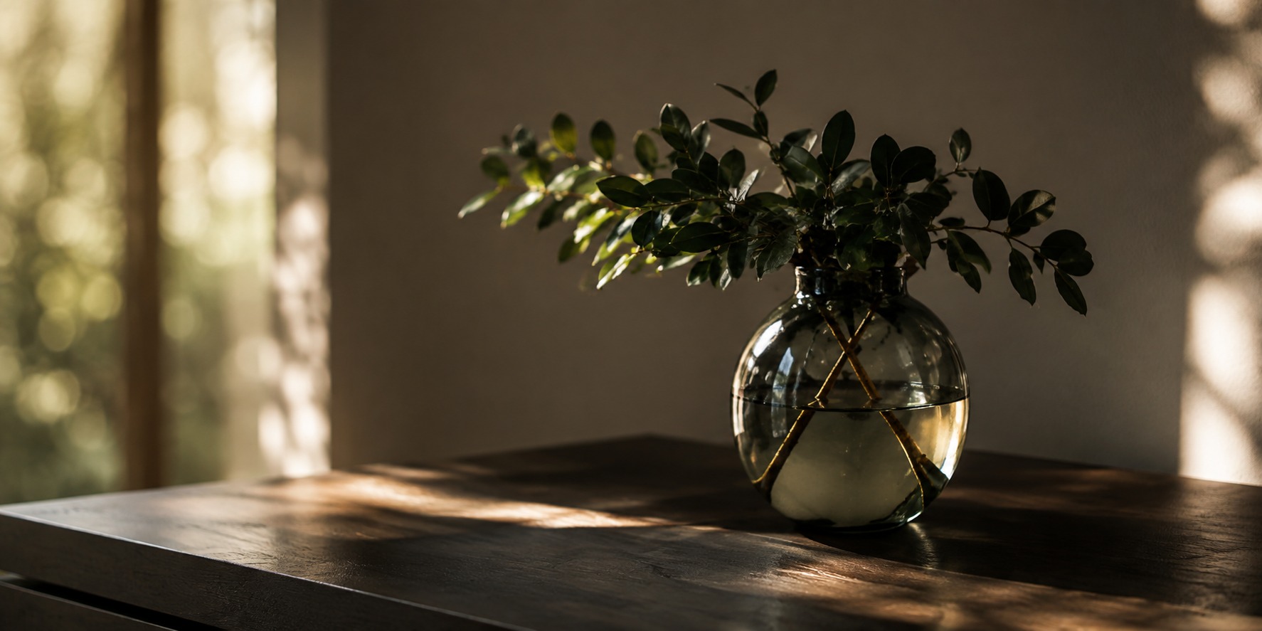 A vase of leaves on a wooden table in soft afternoon light