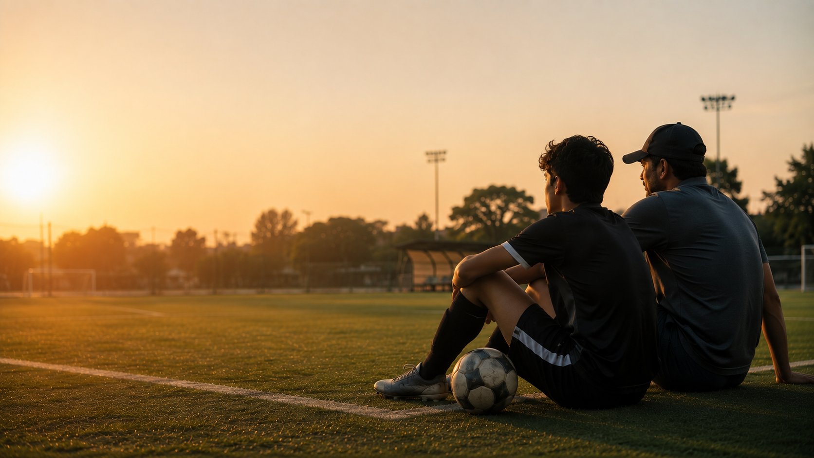 A young athlete sitting with his coach on the field at sunset