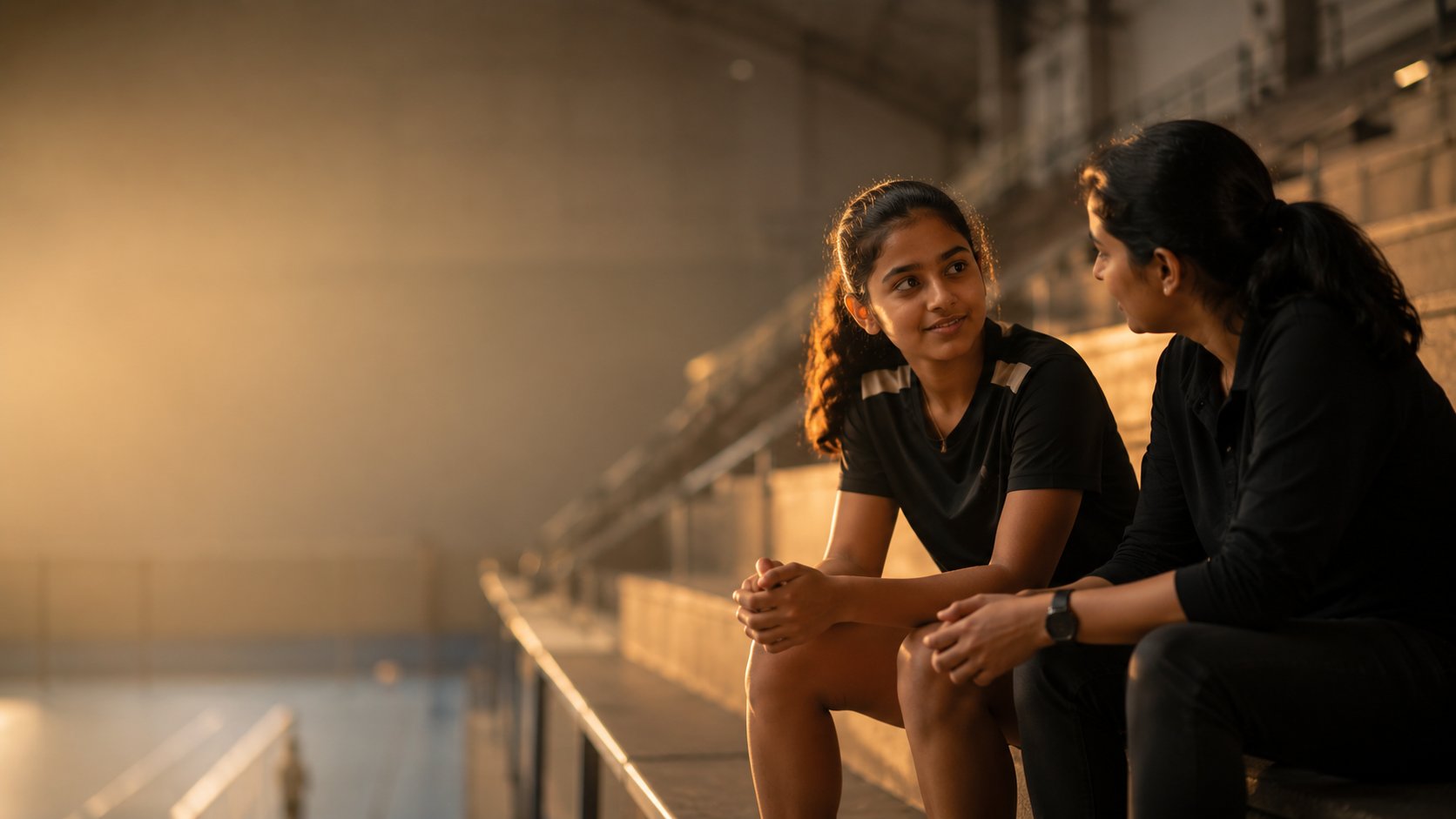 A young athlete talking with her parent on the stadium bleachers
