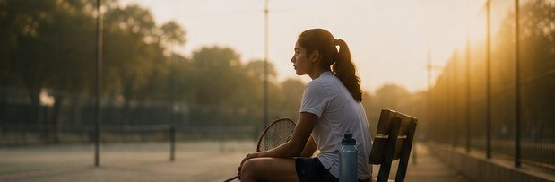 A young tennis player sitting quietly on a bench at sunrise