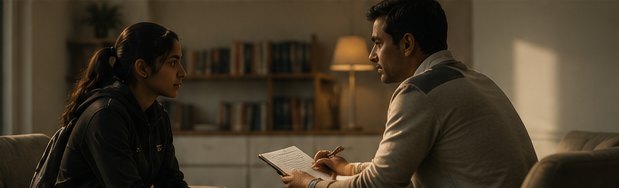 A young athlete talking with a practitioner in a counselling session