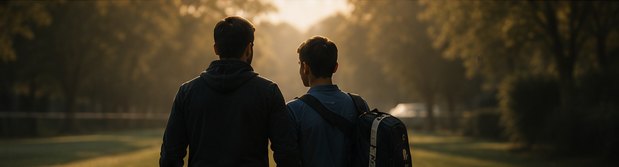A father and son walking together through a park