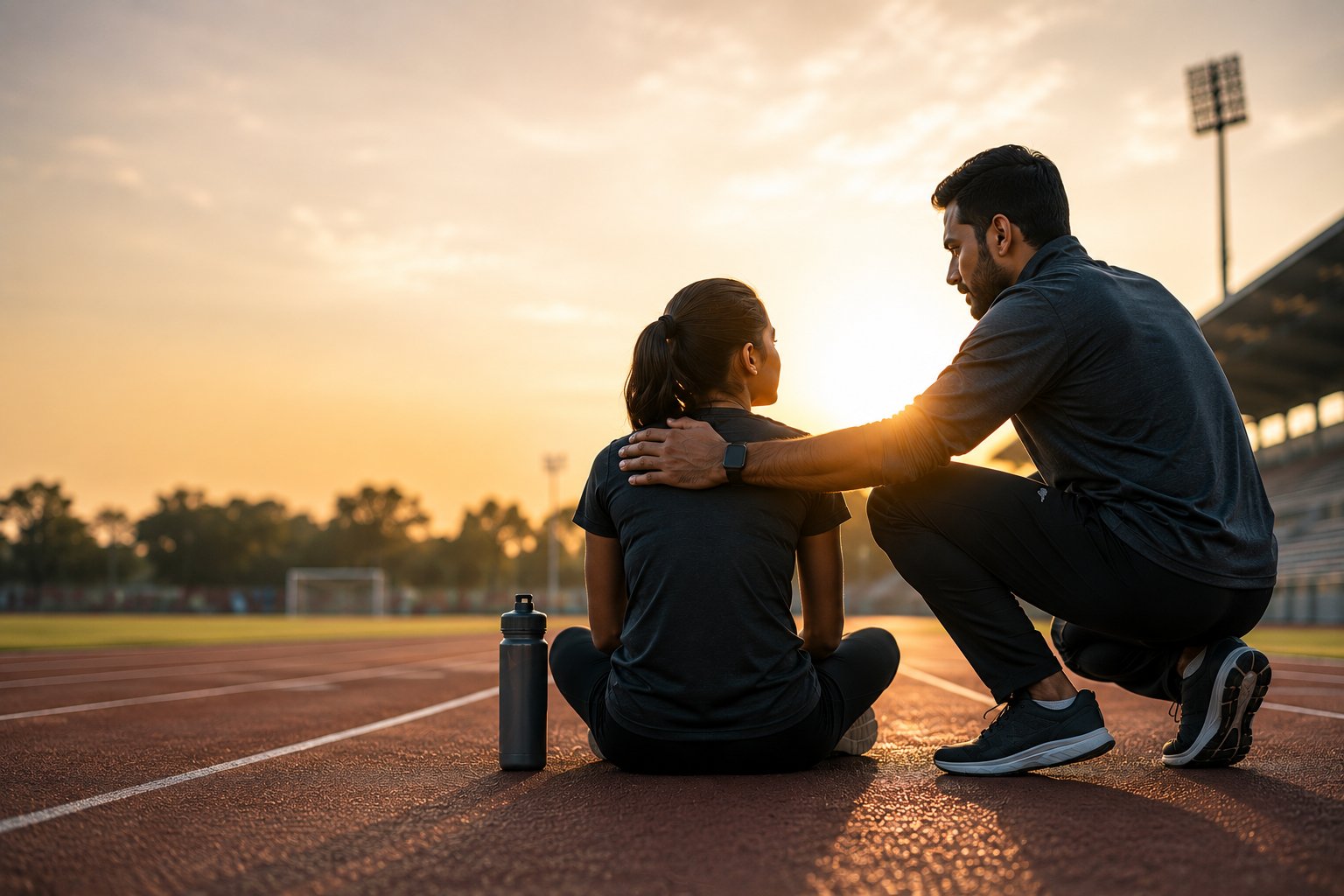 A coach kneeling beside a young athlete on the track at sunset
