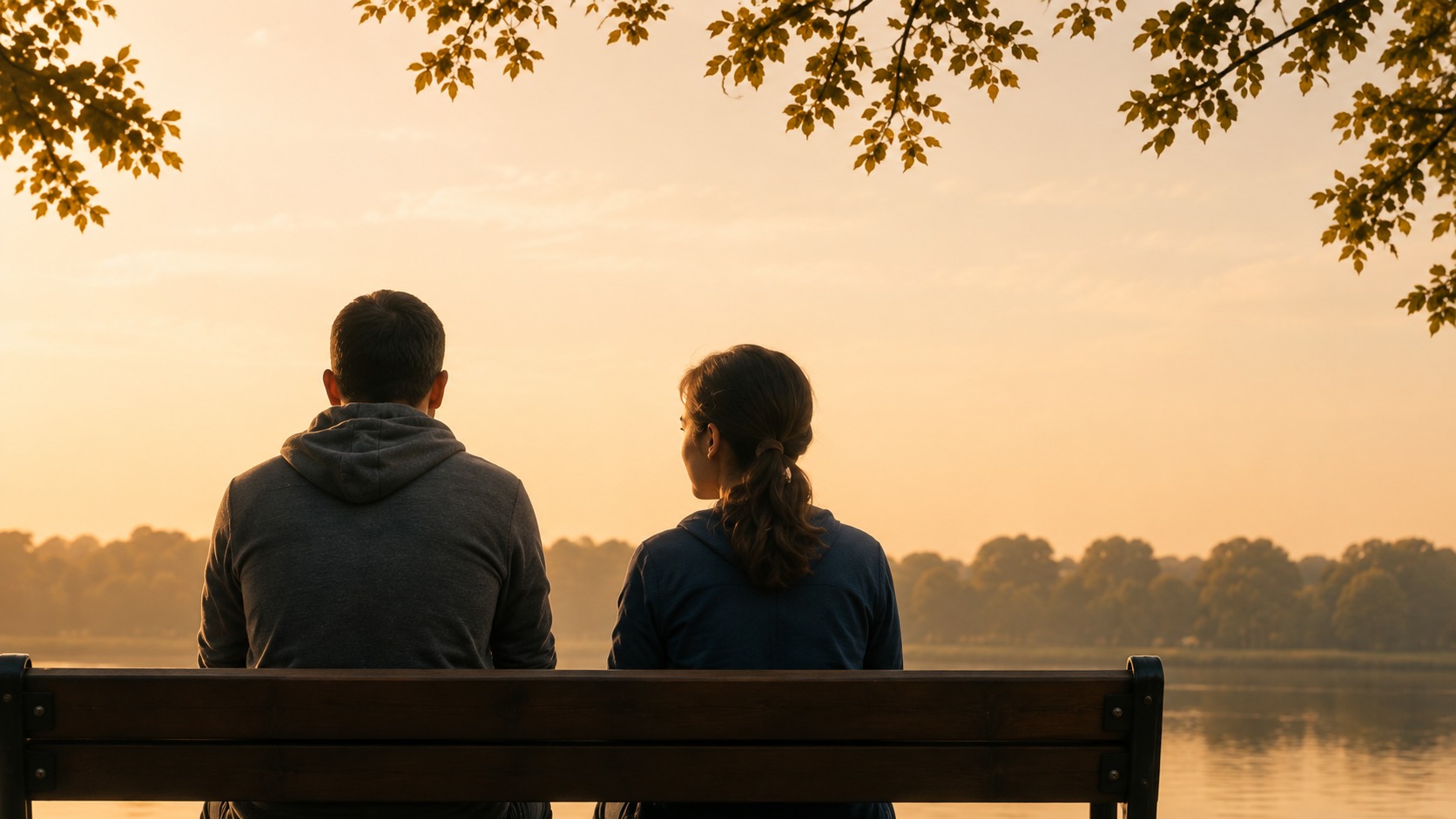 A parent and child sitting on a bench at sunset