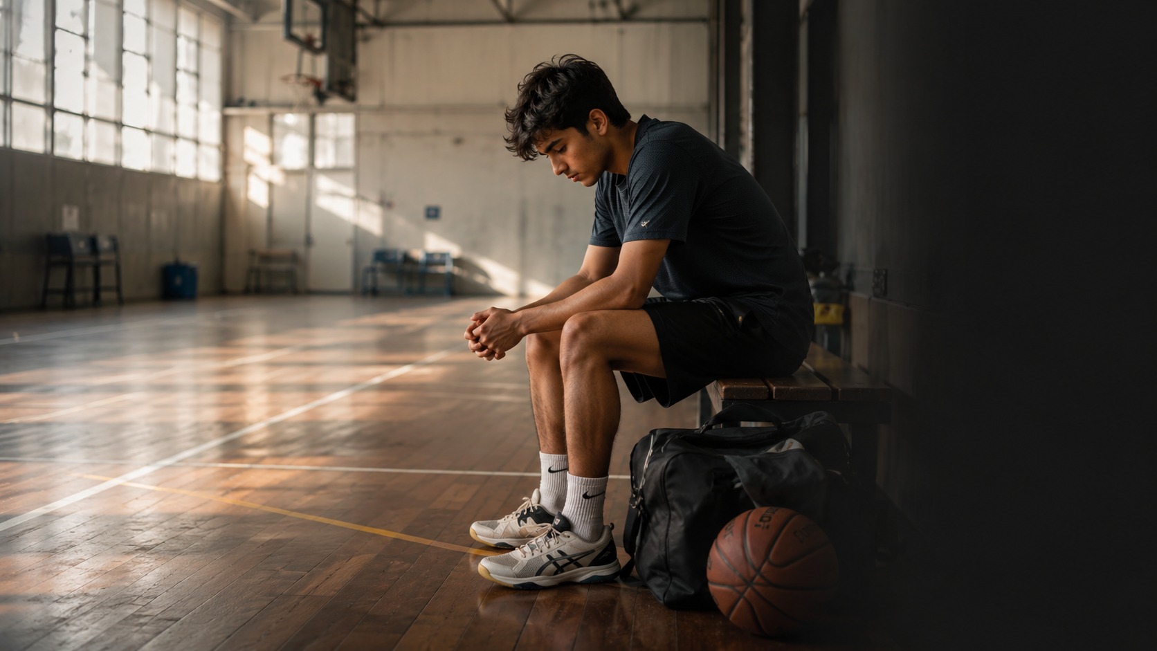 A young athlete sitting alone in an empty gym